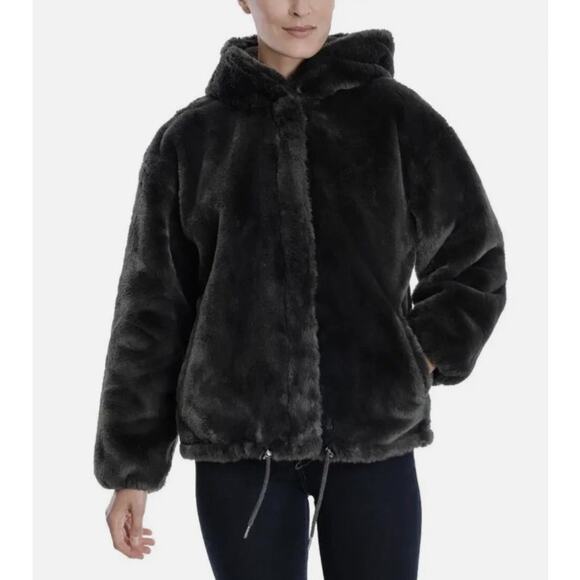 Lucky Brand Soft Faux Fur Hooded Jacket Coat Medium Black Teddy pockets cozy - Picture 1 of 6